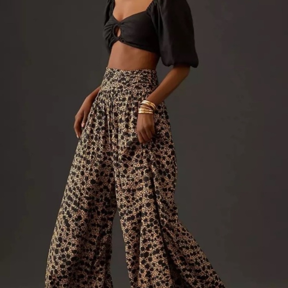 High-Waist Wide Leg Floral Palazzo Pants - Black & Cream